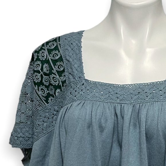 Free People Medium Prairie Days Short Sleeve Square Neck Blue Prairie Boho Top - Picture 3 of 8